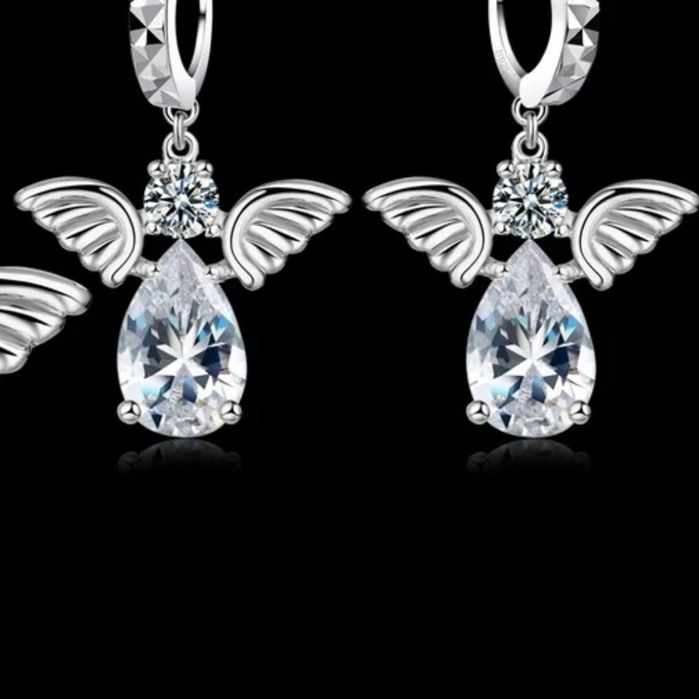 ⭐4pc Bundle Sale⭐ Diamond Angel Pendant And Earrings, w.18 Chain 925 Silver - Picture 3 of 7